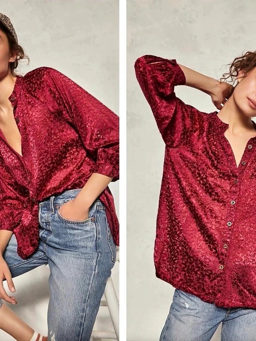 Anthropologie Susanna Burnout Velvet Buttondown Blouse in Pink